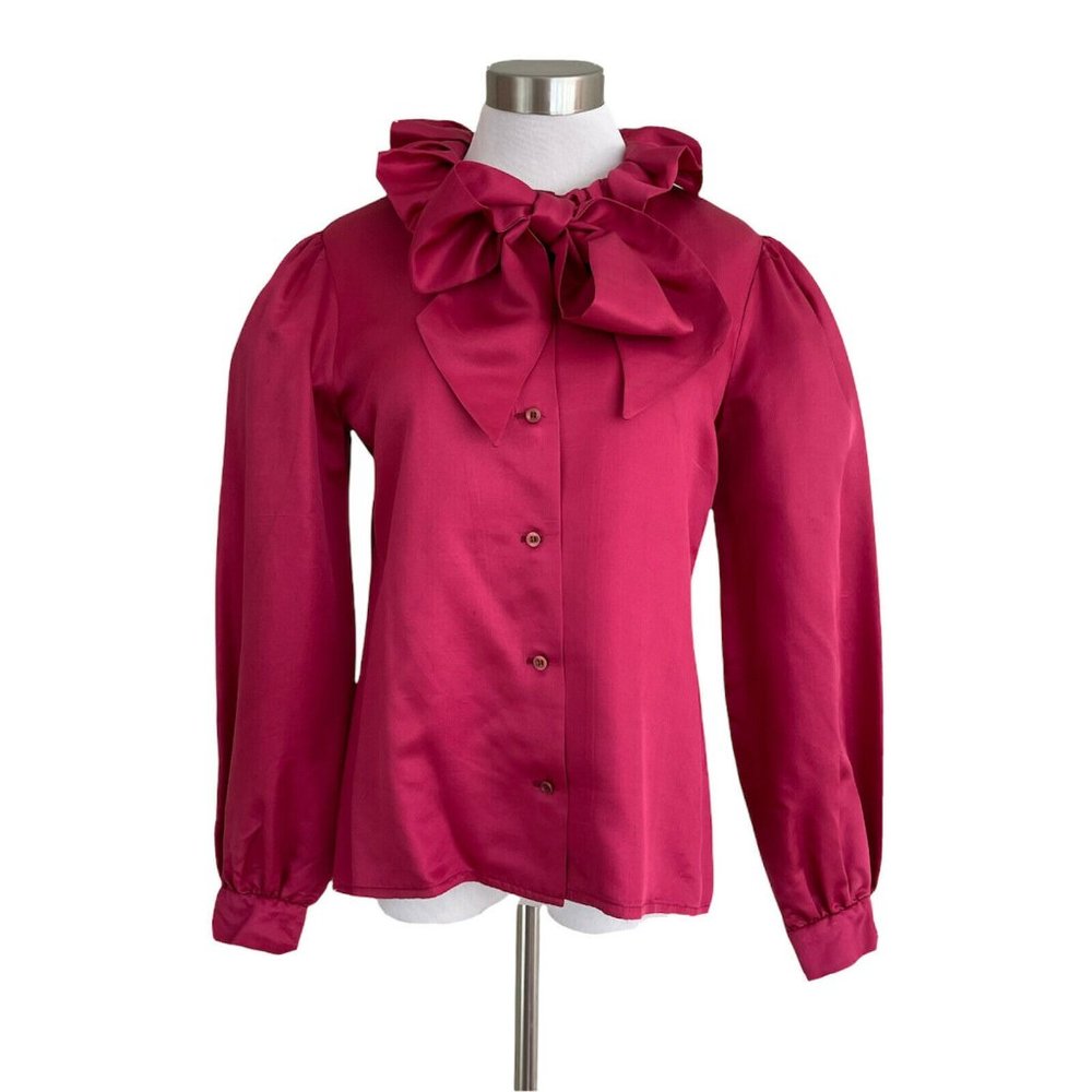 Vintage 1970’s Cranberry Silk Pussy Bow Blouse Samuel Roberts Puff Sleeve Top - Picture 2 of 9